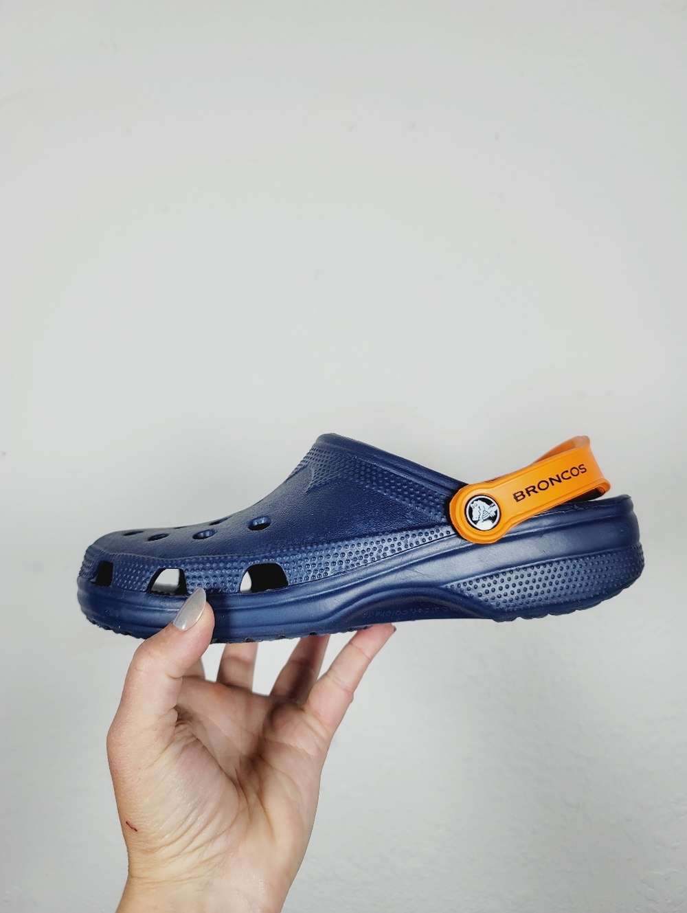 CROCS Navy Clog with Orange Broncos Heel Strap, Size 10/11